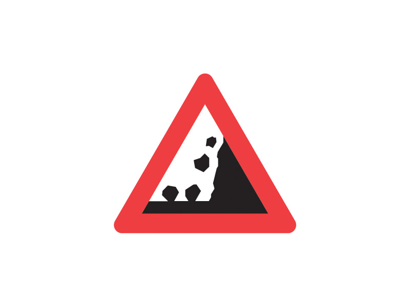 A34 - Stenskred. Vær særlig opmærksom på vejens omgivelser. Tavlen angiver særlig fare for stenskred og løse sten.