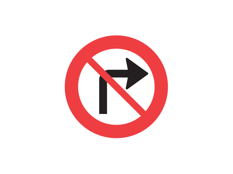 C11_1 - Højresving forbudt. Forbuddet gælder kun i det kryds eller ved den indkørsel, hvor tavlen er opsat, medmindre andet er angivet med undertavle.