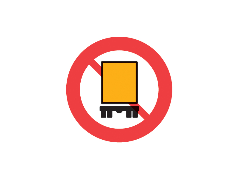 C23_3 - Kørsel med farligt gods forbudt. Tavlen forbyder kørsel med køretøjer, der medbringer farligt gods som defineret i bekendtgørelse om vejtransport af farligt gods. Det kan på undertavle præciseres, hvilken tidsperiode forbuddet gælder.