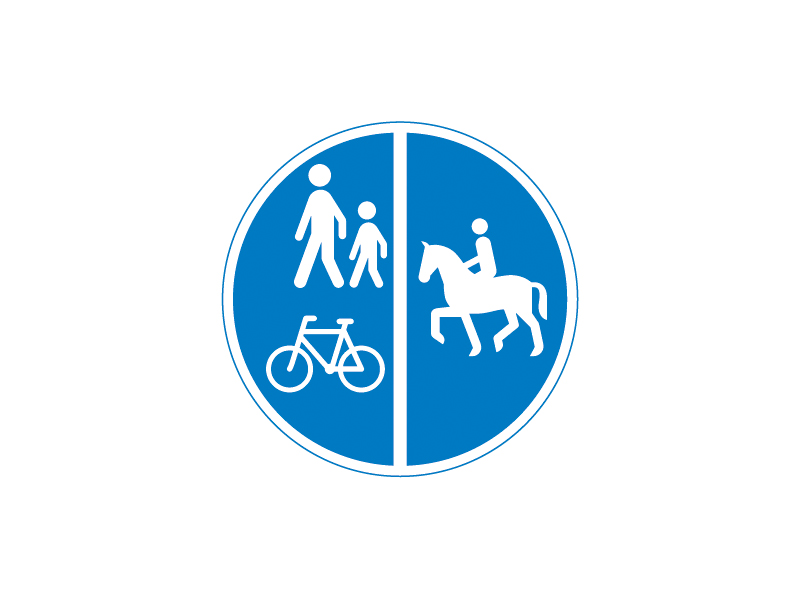 D26_4 - Delt sti. Tavlen angiver sti med flere baner, der er adskilt ved afstribning, rabat eller lignende. Hver bane skal benyttes af den færdselsart, der angives med symbol, og må kun benyttes af denne.