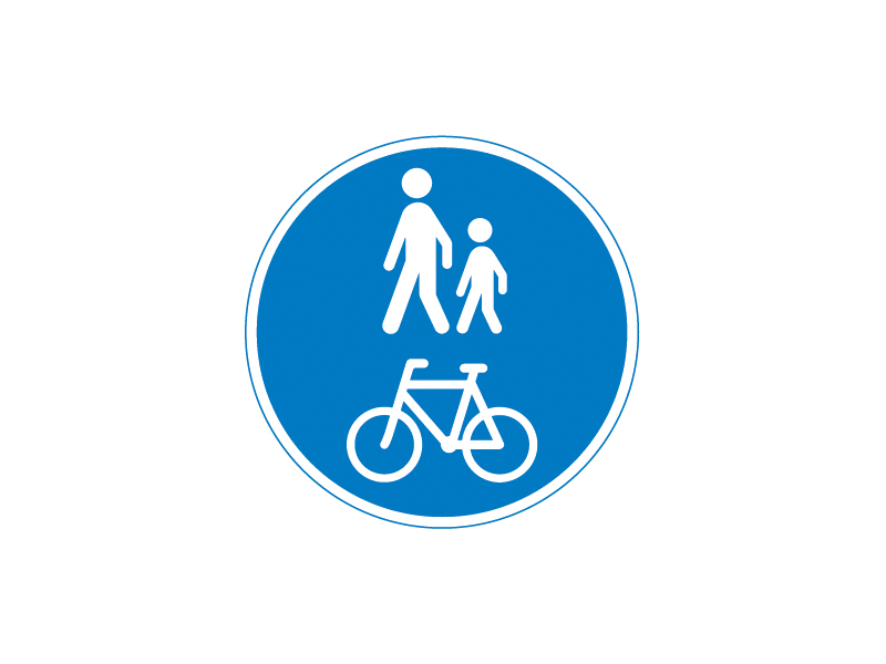 D27_1 - Fællessti. Tavlen angiver bane, som skal benyttes af flere færdselsarter og kun må benyttes af disse. Arterne angives ved symbol. Trafikanter på fællessti skal udvise gensidig hensynsfuldhed, jf. færdselslovens § 3, stk. 1.