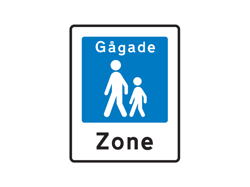 E49 - Gågade. Tavlen angiver et område, hvor følgende særlige færdselsregler gælder: 1) Området er reserveret til gående. 2) Tilladelse til kørsel i området kan gives. I så fald skal kørsel ske under iagttagelse af bestemmelserne i punkterne 4-8. 3) Eventuel tilladelse til kørsel angives på undertavle som anført i § 16, stk. 3, punkterne 2-5. Desuden kan anvendes undertavlen »Kørsel tilladt« eller andre undertavler, der tillader kørsel med bestemte færdselsarter. Tilladelse på undertavle kan afgrænses tidsmæssigt, jf. § 9, tavle U 3. 4) Kørsel i området må kun ske med meget lav hastighed (normalt under 15 km/h). 5) De kørende skal udvise særlig agtpågivenhed og hensynsfuldhed over for gående, jf. færdselslovens § 27, stk. 3. 6) Når der på vejen færdes personer, der kan komme i farlig nærhed af køretøjet under dettes passage, må kørslen ikke fortsættes, forinden føreren har sikret sig, at disse personer er opmærksomme på køretøjet og har givet plads for passage. Sådanne personer må dog ikke unødigt hindre de kørende i at komme frem. 7) Parkering i en gågade må ikke ske uden for særligt afmærkede pladser. Dette gælder dog ikke cykler, knallerter og tohjulede motorcykler. 8) Kørende har ubetinget vigepligt ved udkørsel fra en gågade, jf. færdselslovens § 26, stk. 3. Tavlen kan anvendes med undertavlerne U 1, U 2 eller U 6 til forvarsling.