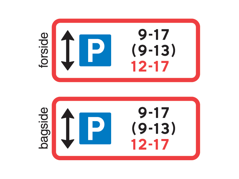 Uc33_1_1 - Parkeringstavle over hverdage, lørdage (i parantes) og søndage (i rød).