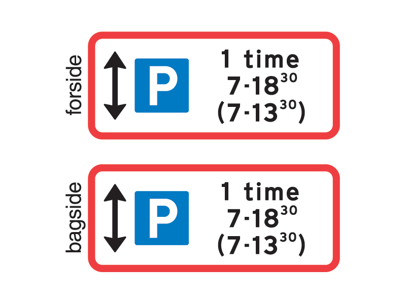 Uc33_2_1 - Parkeringstavle. 1times tilladt parkering indenfor angivne tidsrum.